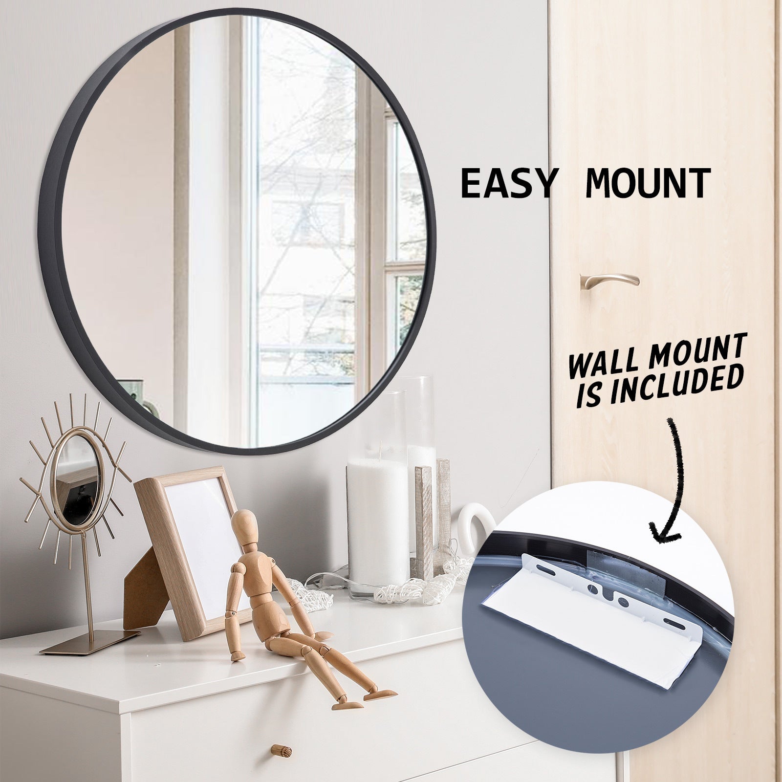 Wall Mirror Round Aluminum Frame Bathroom 80cm BLACK V274-FT-BM-ALUR-BK80