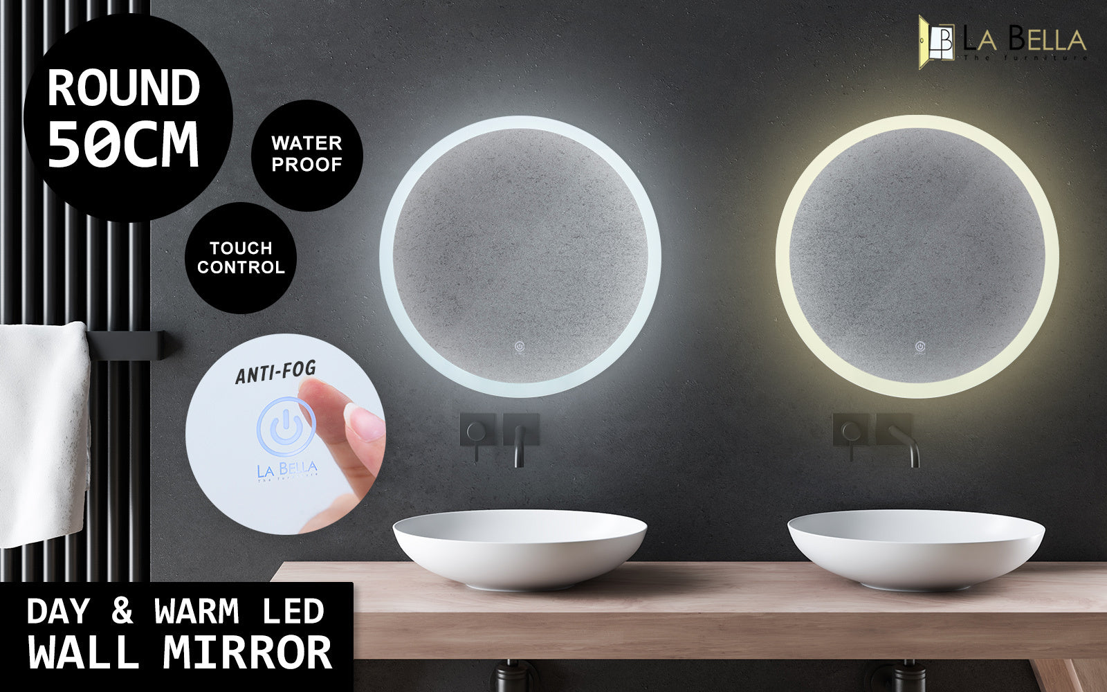 2 Set LED Wall Mirror Round Anti-Fog Bathroom 50cm V274-FT-BM-LEDR-50-X2
