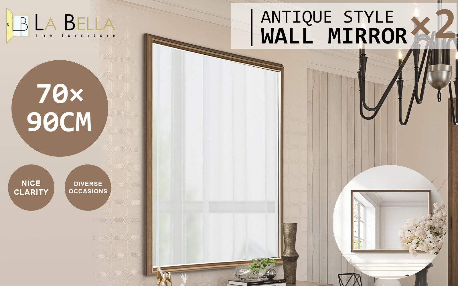2 Set Wall Mirror Rectangular Frame Bathroom 70x90cm Antique Brown V274-FT-BM-PSSQ-AWD7090-X2