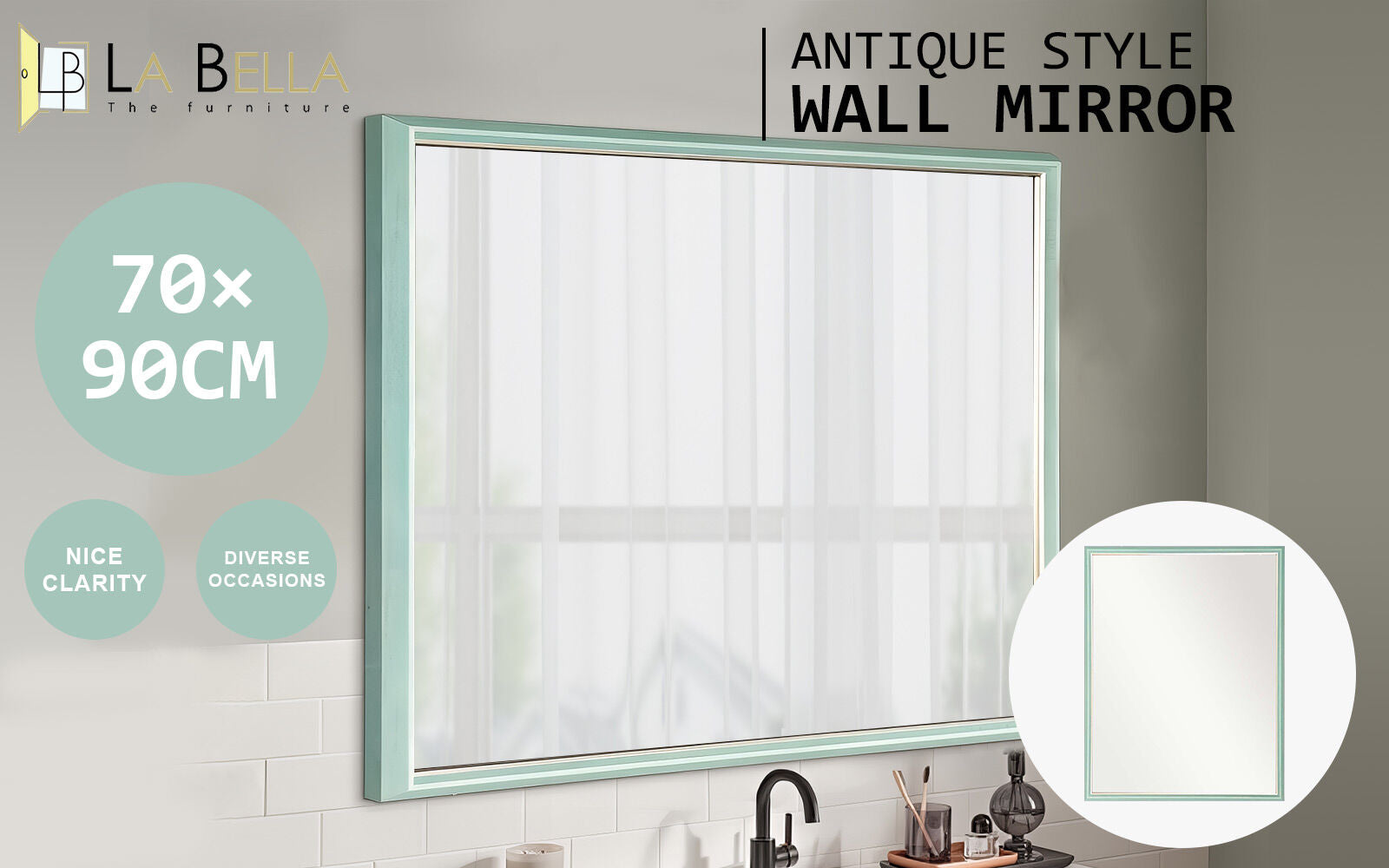 Wall Mirror Rectangular Frame Bathroom 70x90cm Turquoise V274-FT-BM-PSSQ-LB7090