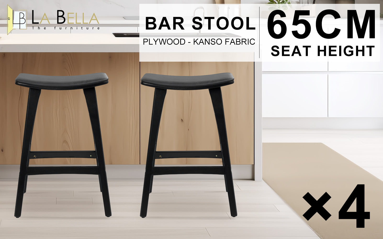 4X Wooden Bar Stool Padded PU Leather Dining Chair KANSO 65cm BLACK V274-FT-BSWO-AM552P-BK4