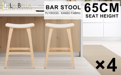 4X Wooden Bar Stool Padded Fabric Dining Chair KANSO 65cm BEIGE V274-FT-BSWO-AM552P-WD4