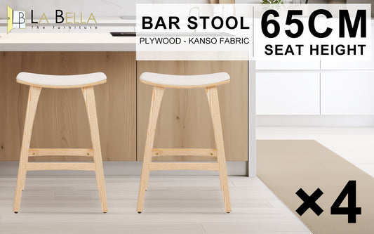 4X Wooden Bar Stool Padded Fabric Dining Chair KANSO 65cm BEIGE V274-FT-BSWO-AM552P-WD4