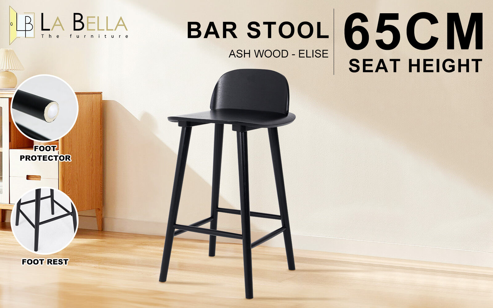 Wooden Bar Stool Dining Chair Ash Wood ELISE 65cm BLACK V274-FT-BSWO-LY038-BK