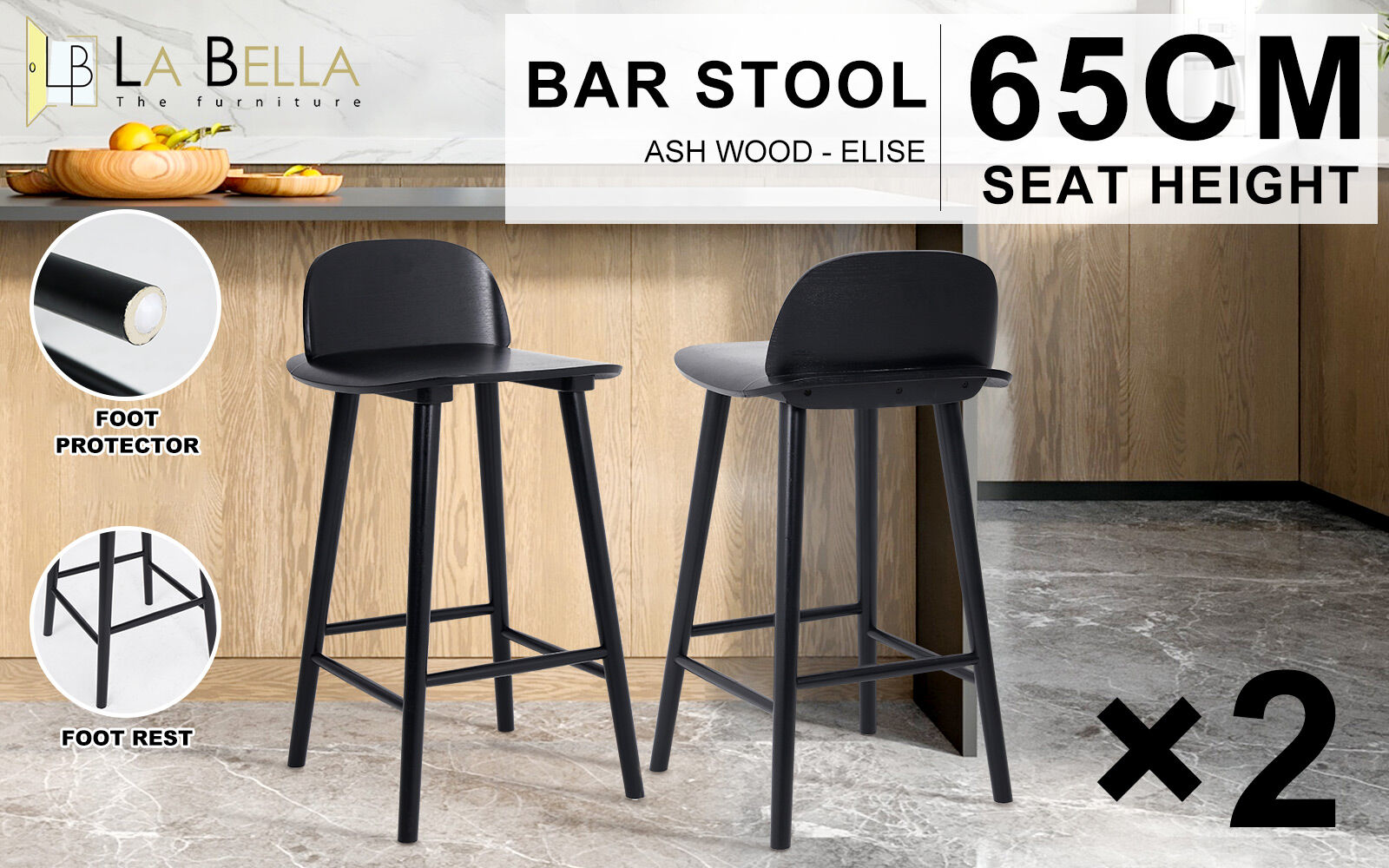 2X Wooden Bar Stool Dining Chair Ash Wood ELISE 65cm BLACK V274-FT-BSWO-LY038-BK2