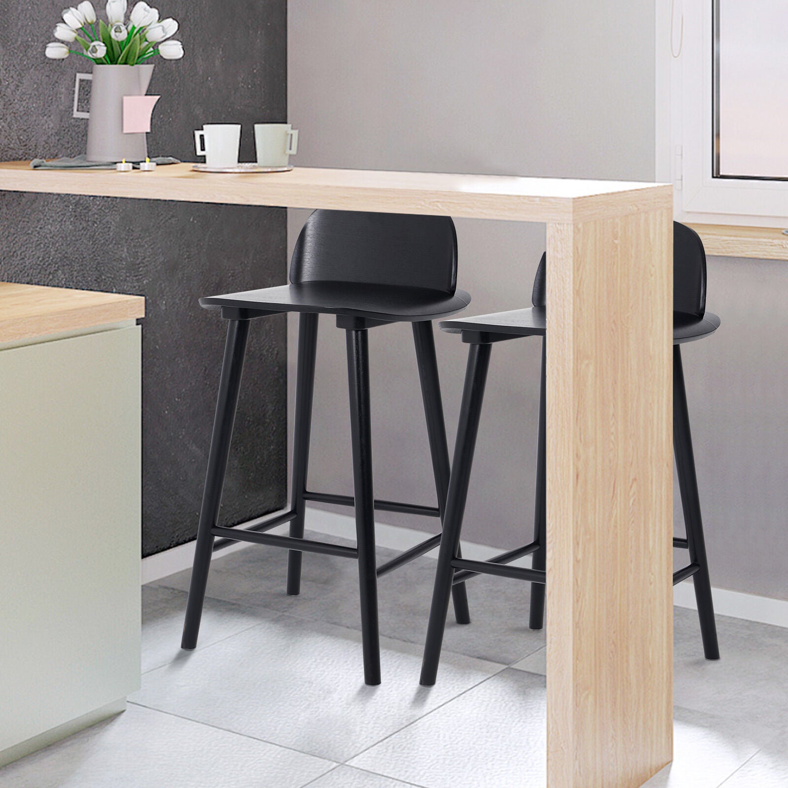 2X Wooden Bar Stool Dining Chair Ash Wood ELISE 65cm BLACK V274-FT-BSWO-LY038-BK2
