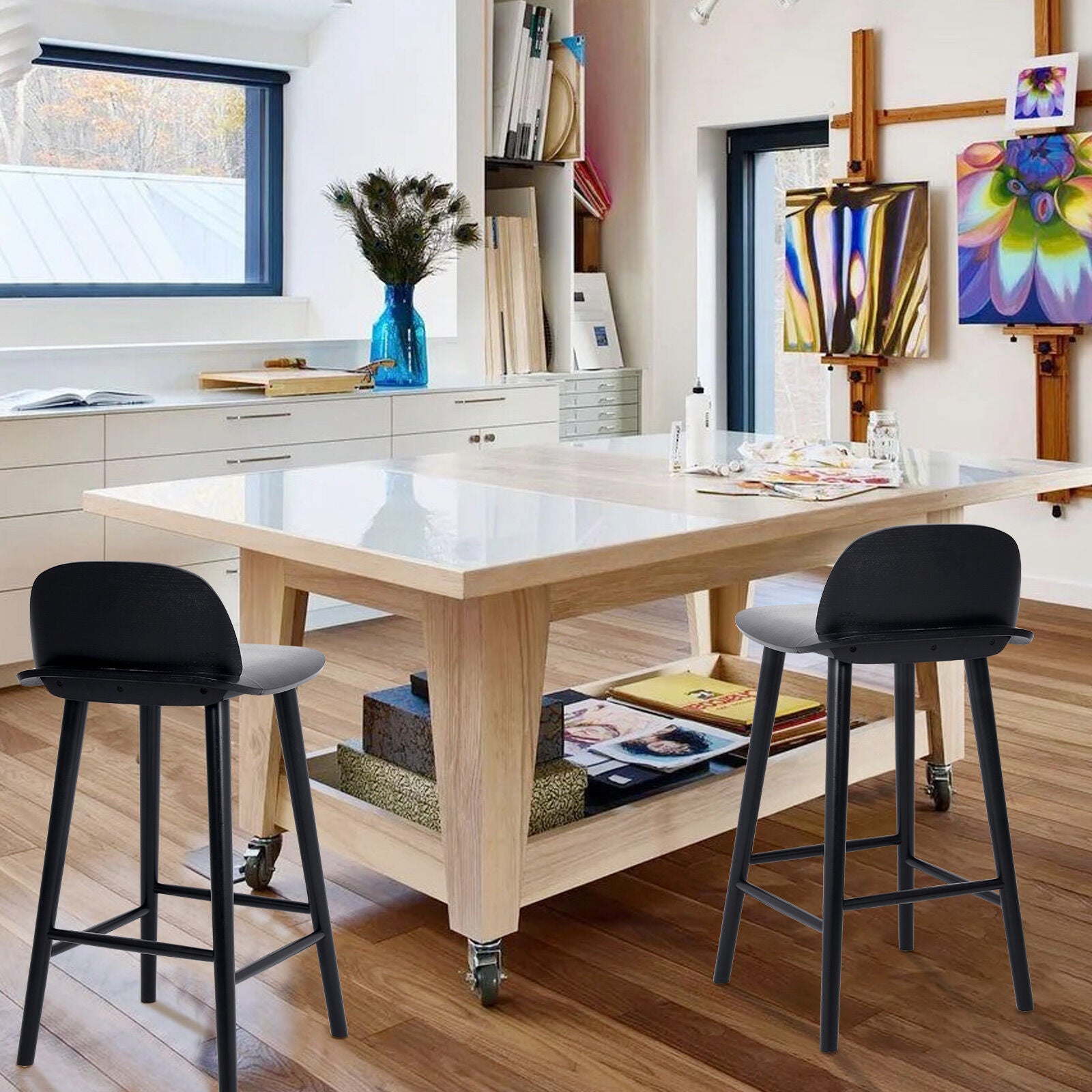 2X Wooden Bar Stool Dining Chair Ash Wood ELISE 65cm BLACK V274-FT-BSWO-LY038-BK2