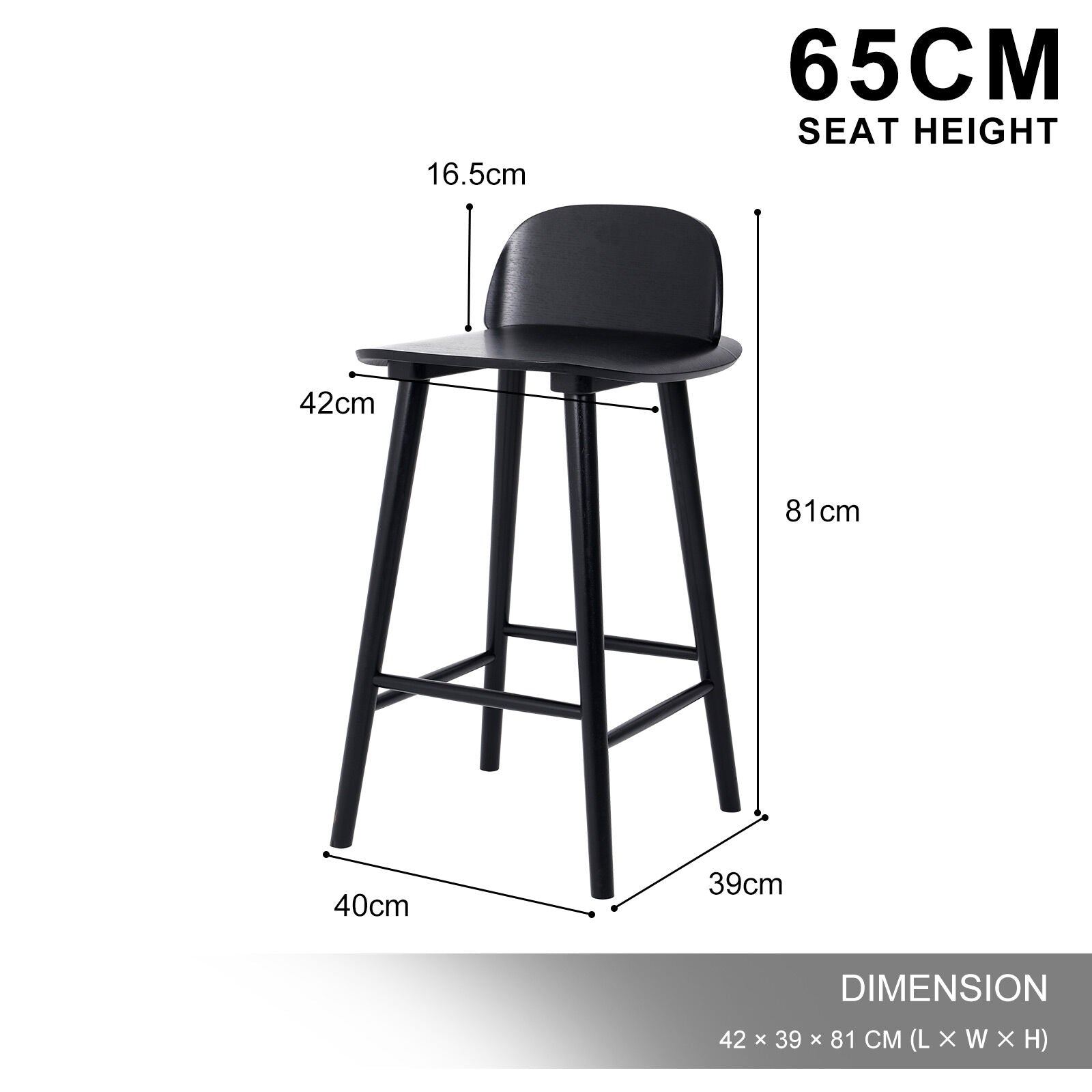 2X Wooden Bar Stool Dining Chair Ash Wood ELISE 65cm BLACK V274-FT-BSWO-LY038-BK2
