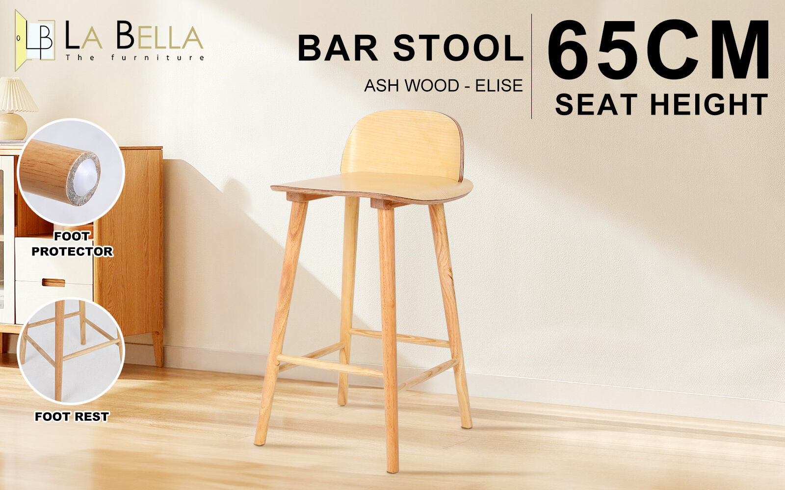 Wooden Bar Stool Dining Chair Ash Wood ELISE 65cm V274-FT-BSWO-LY038-WD