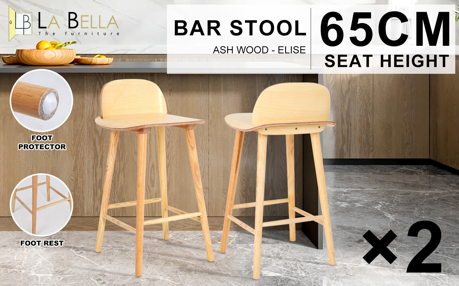 2X Wooden Bar Stool Dining Chair Ash Wood ELISE 65cm V274-FT-BSWO-LY038-WD2