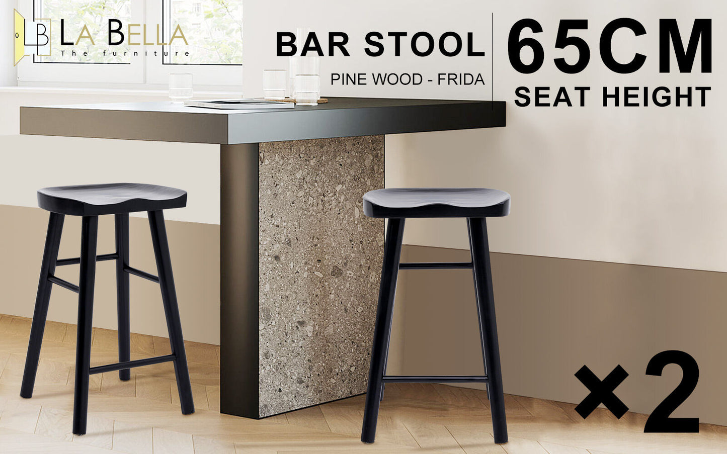 2X Wooden Bar Stool Dining Chair Pine Wood FRIDA 65cm BLACK V274-FT-BSWO-LY096-WD2