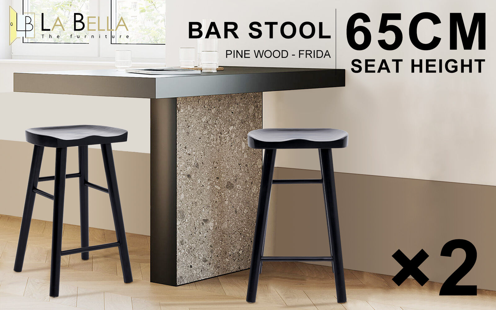 2X Wooden Bar Stool Dining Chair Pine Wood FRIDA 65cm BLACK V274-FT-BSWO-LY096-WD2