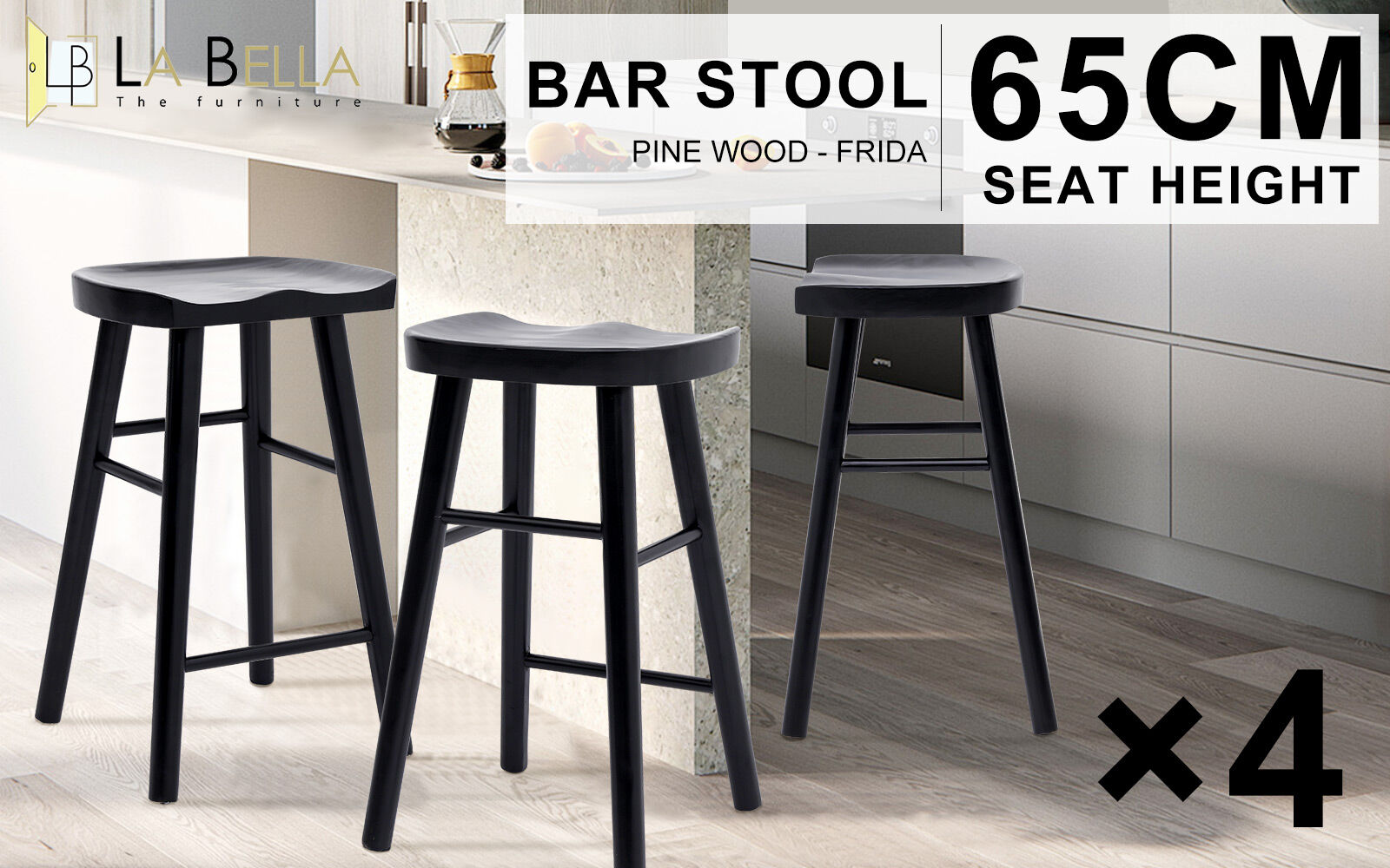 4X Wooden Bar Stool Dining Chair Pine Wood FRIDA 65cm BLACK V274-FT-BSWO-LY096-WD4