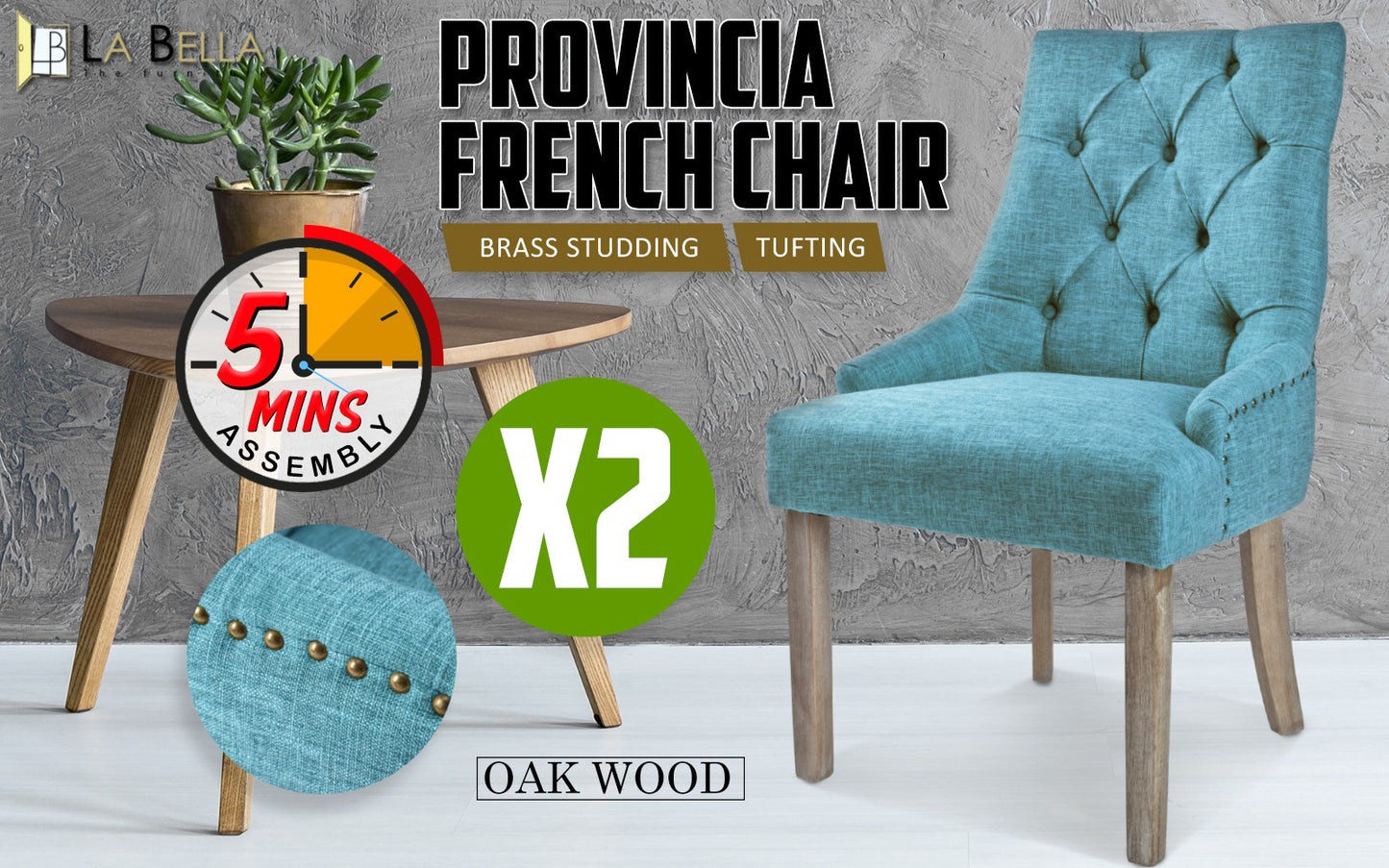 2X French Provincial Dining Chair Oak Leg AMOUR BLUE V274-FT-FC8443-BU