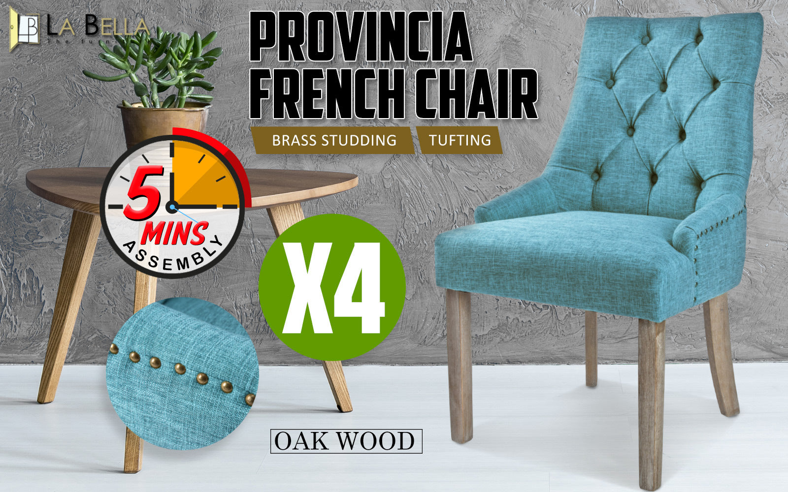 4X French Provincial Dining Chair Oak Leg AMOUR BLUE V274-FT-FC8443-BU4