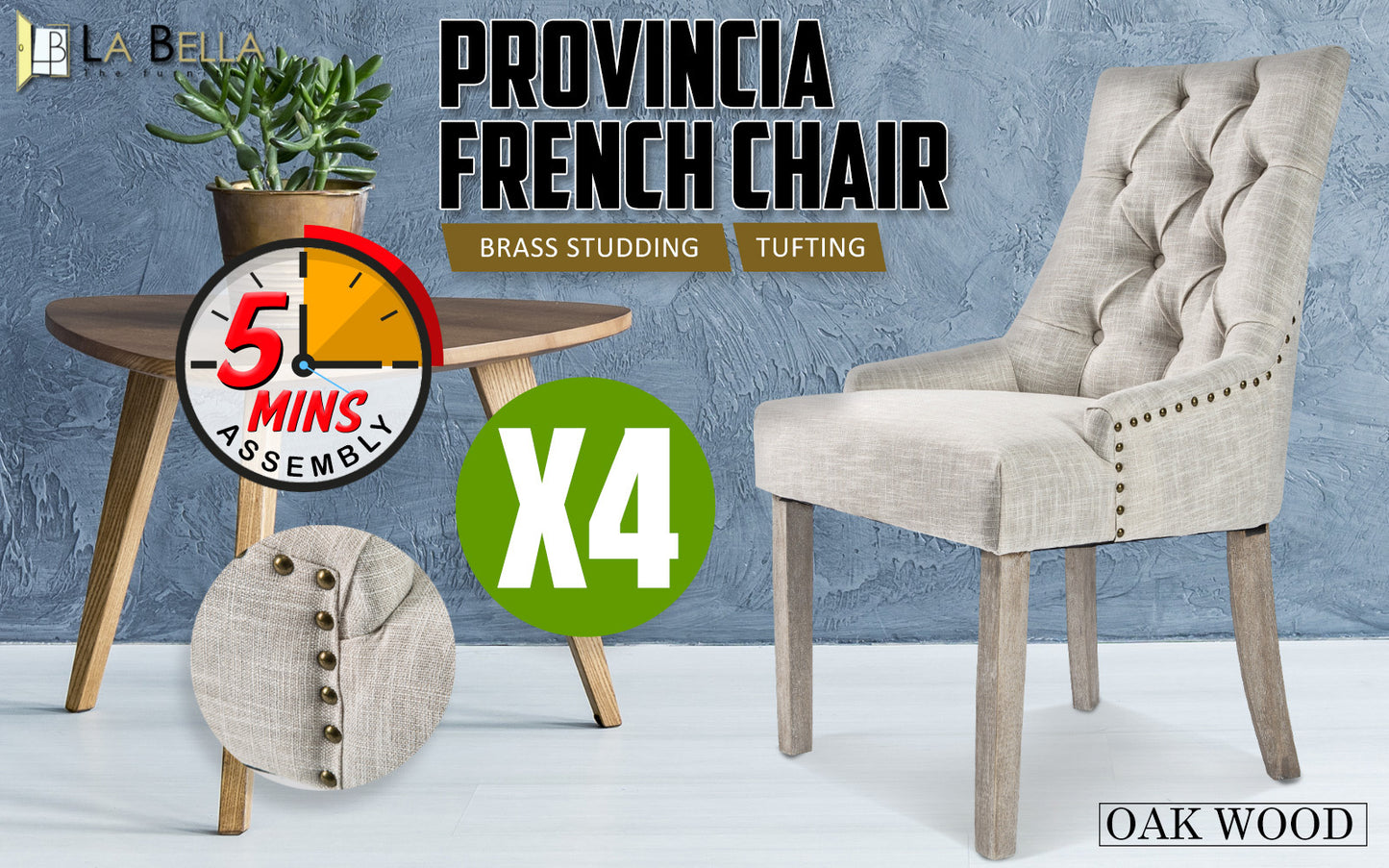 4X French Provincial Dining Chair Oak Leg AMOUR CREAM V274-FT-FC8443-CR4
