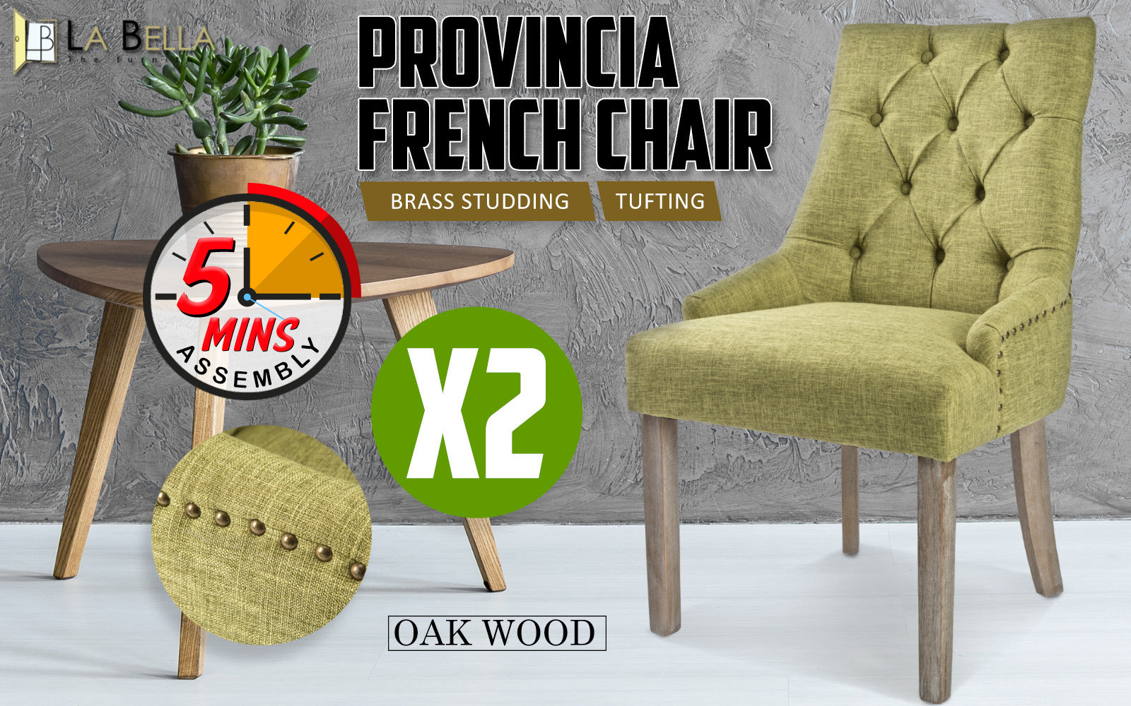2X French Provincial Dining Chair Oak Leg AMOUR GREEN V274-FT-FC8443-GN