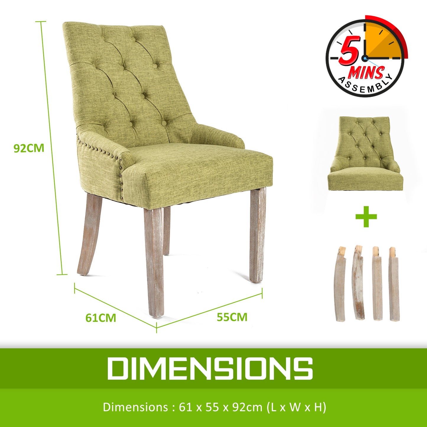 2X French Provincial Dining Chair Oak Leg AMOUR GREEN V274-FT-FC8443-GN