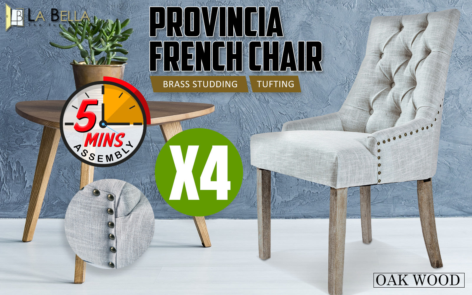 4X French Provincial Dining Chair Oak Leg AMOUR GREY V274-FT-FC8443-GY4