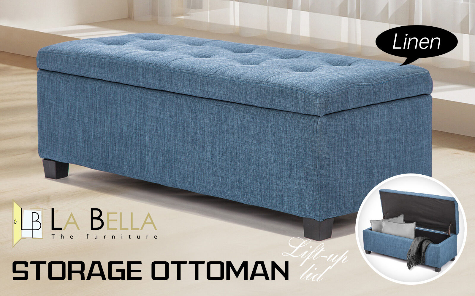 Storage Ottoman Stool 102cm Fabric DARK BLUE V274-FT-GQ003-DBU