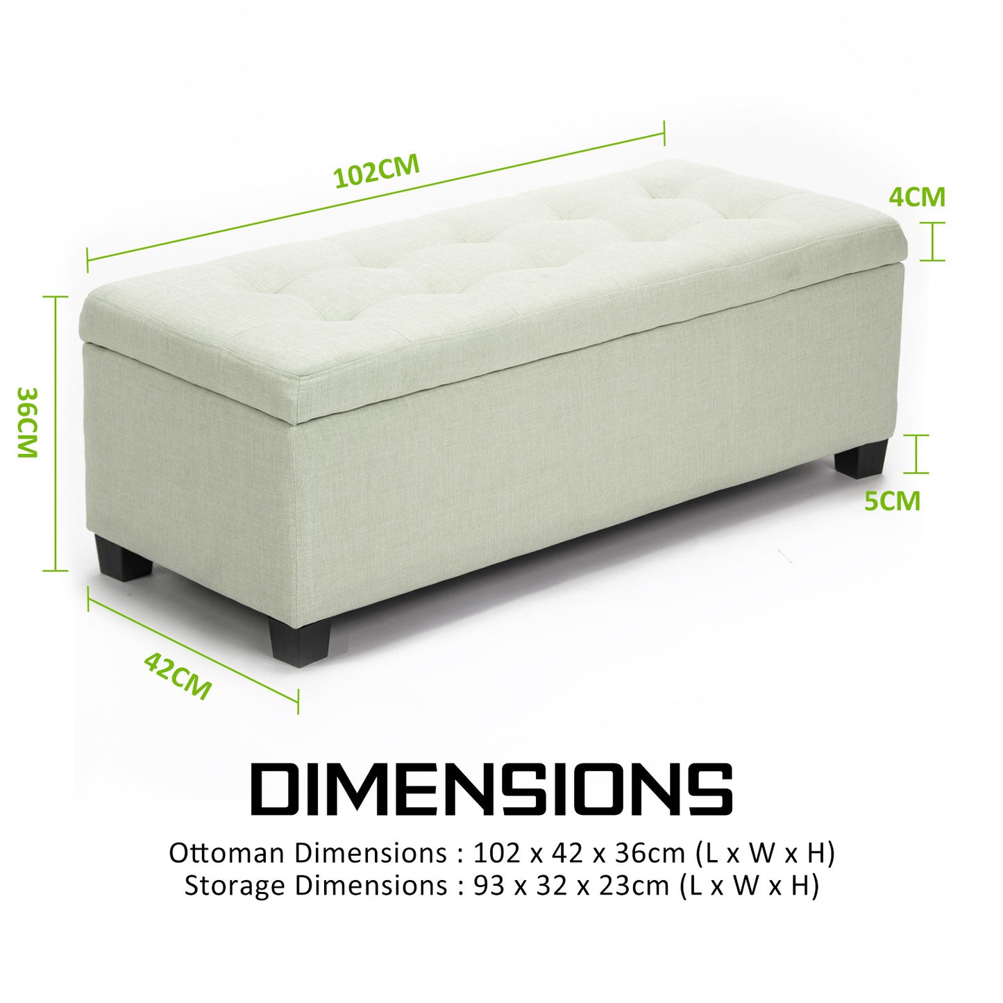 Storage Ottoman Stool 102cm Fabric LIGHT GREEN V274-FT-GQ003-LGN