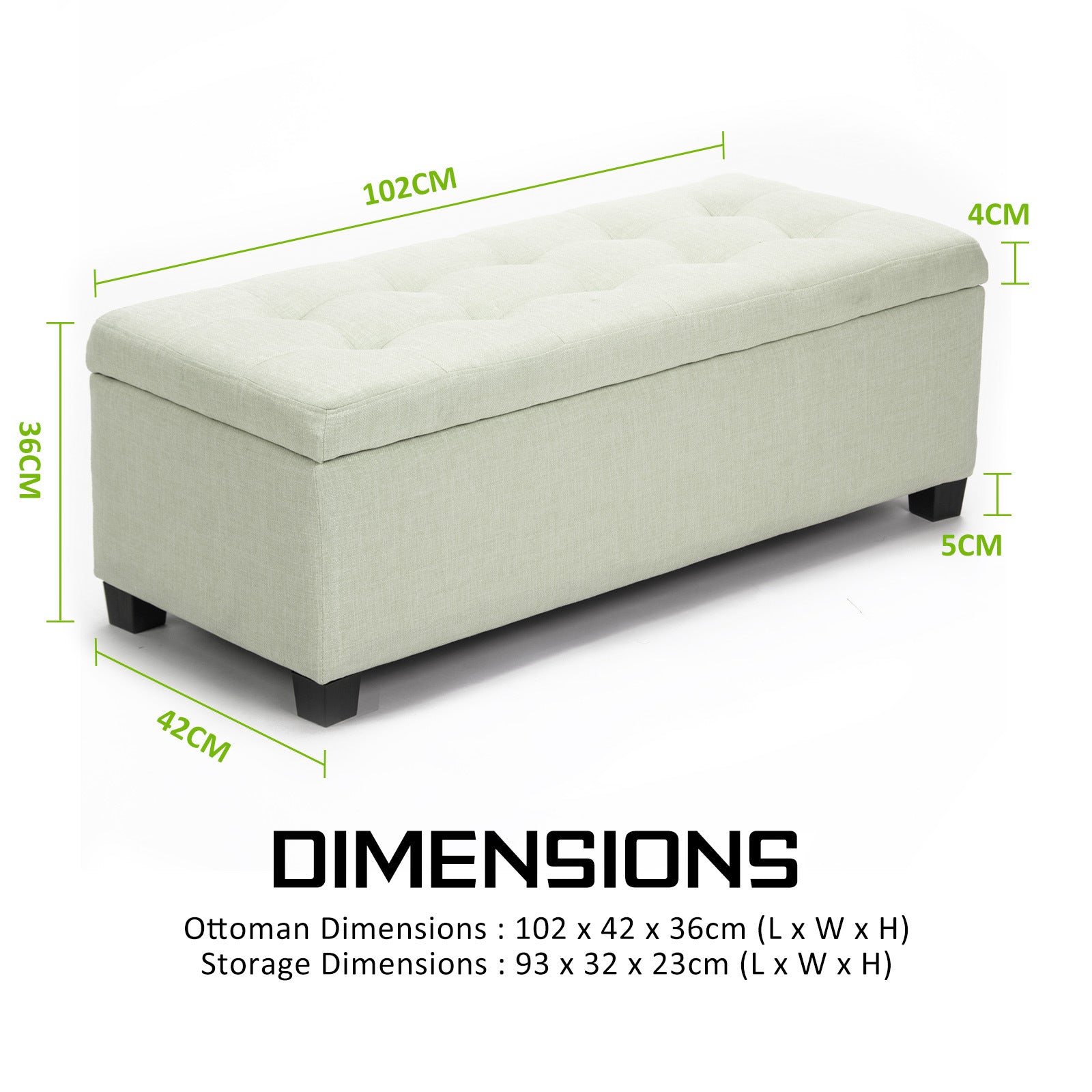 Storage Ottoman Stool 102cm Fabric LIGHT GREEN V274-FT-GQ003-LGN