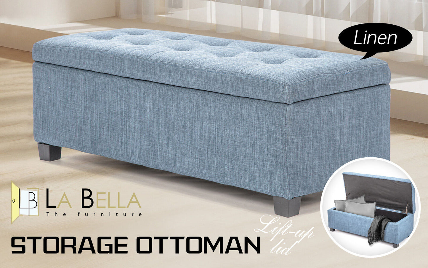 Storage Ottoman Stool 102cm Fabric LIGHT GREY BLUE V274-FT-GQ003-LGY