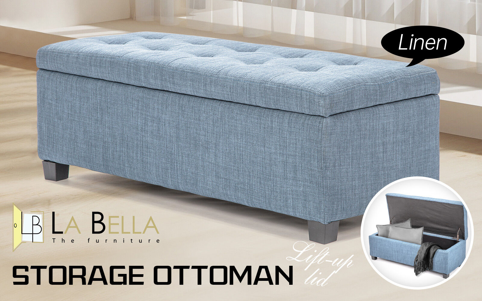 Storage Ottoman Stool 102cm Fabric LIGHT GREY BLUE V274-FT-GQ003-LGY
