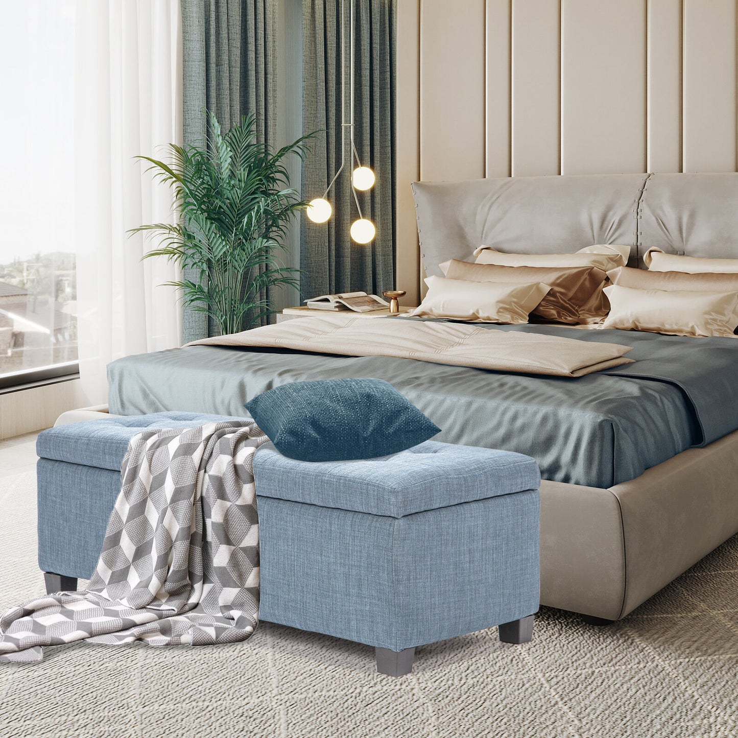 Storage Ottoman Stool 102cm Fabric LIGHT GREY BLUE V274-FT-GQ003-LGY