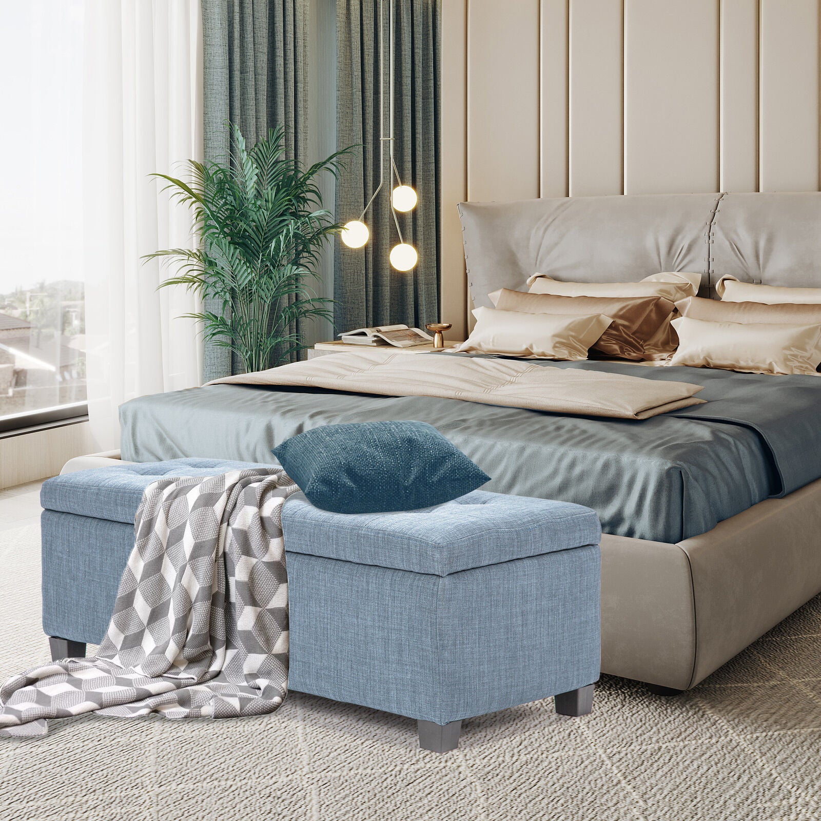 Storage Ottoman Stool 102cm Fabric LIGHT GREY BLUE V274-FT-GQ003-LGY