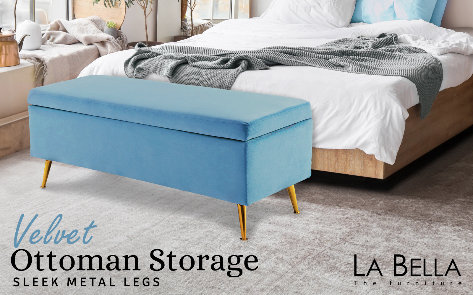 Storage Ottoman Stool Bench Seat 110cm Velvet OCEAN BLUE V274-FT-GQ171-NY