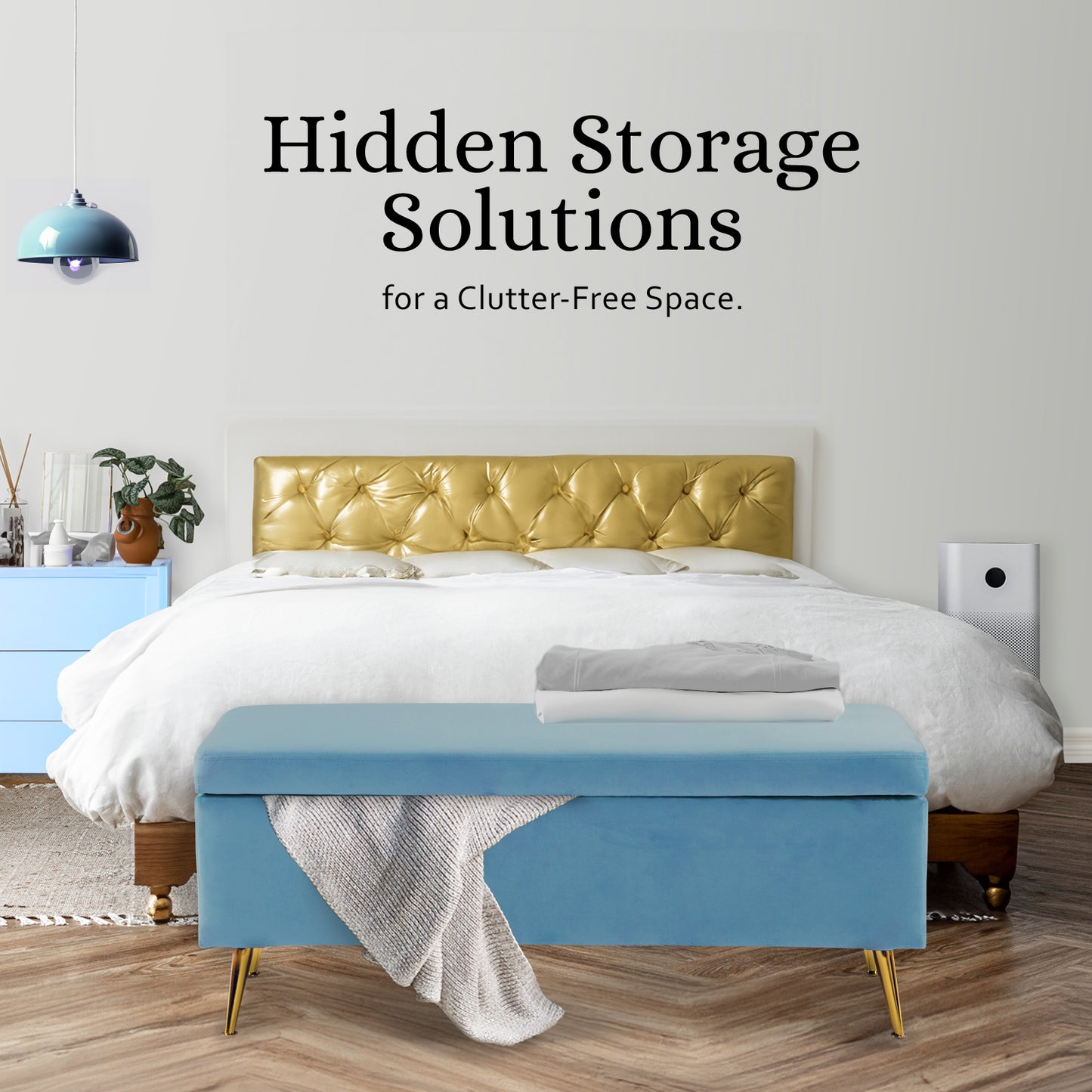 Storage Ottoman Stool Bench Seat 110cm Velvet OCEAN BLUE V274-FT-GQ171-NY