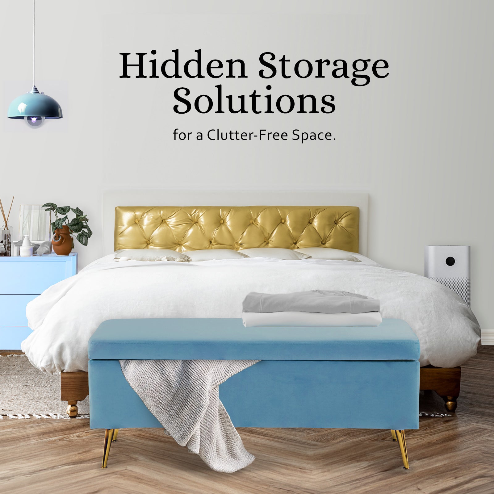 Storage Ottoman Stool Bench Seat 110cm Velvet OCEAN BLUE V274-FT-GQ171-NY