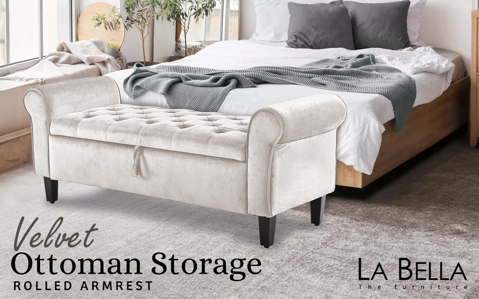 Storage Ottoman Stool Arm Bench Seat 132cm Velvet BEIGE V274-FT-GQ298-BE