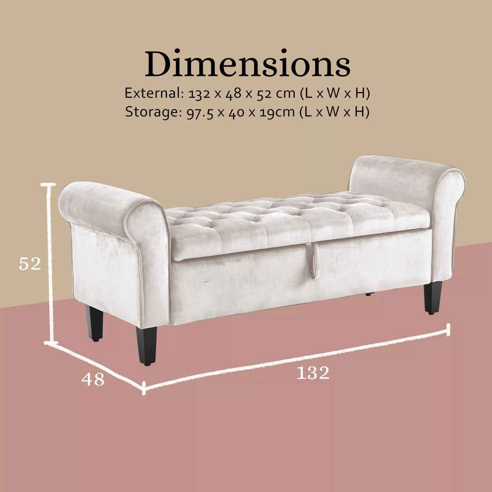 Storage Ottoman Stool Arm Bench Seat 132cm Velvet BEIGE V274-FT-GQ298-BE