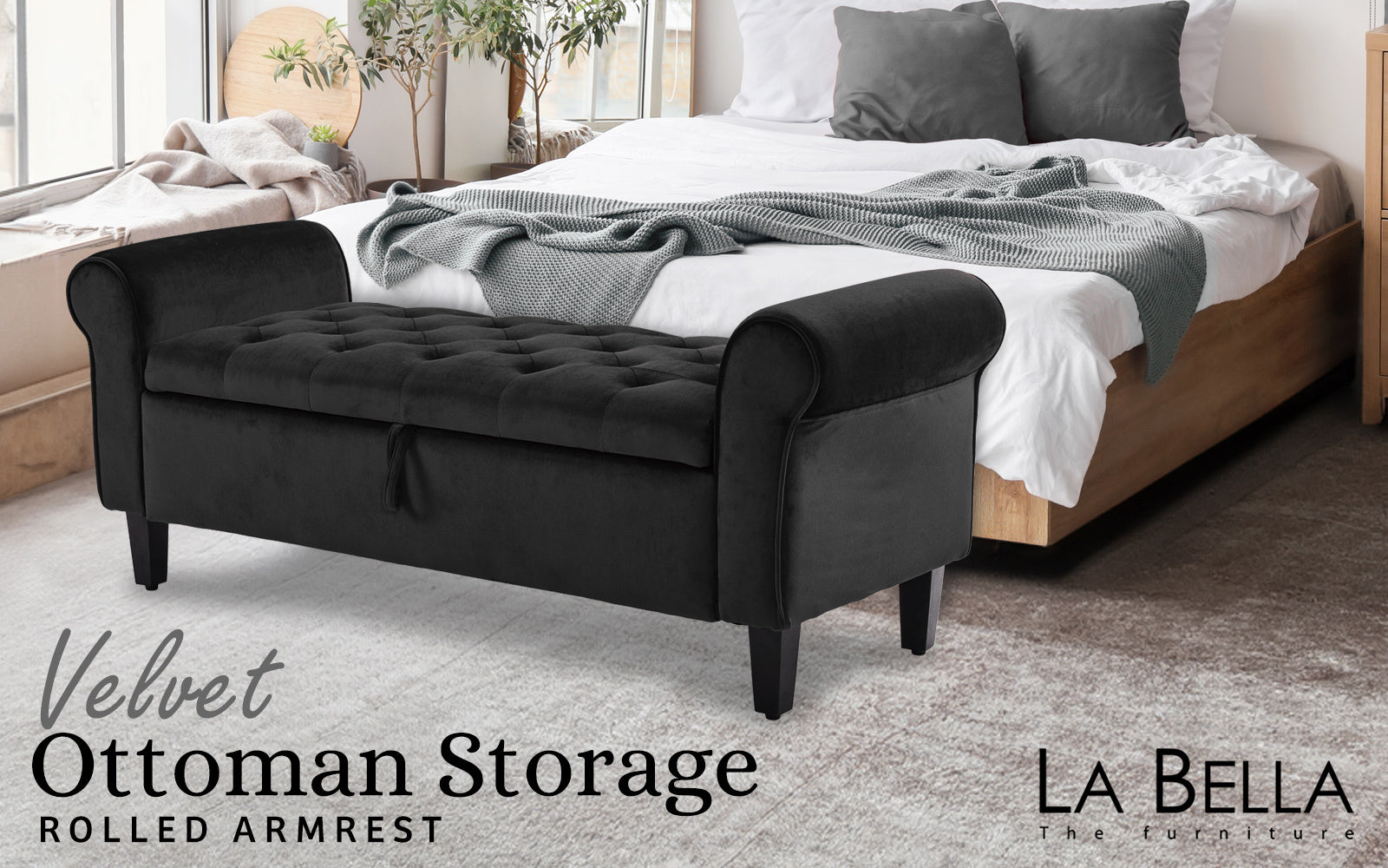 Storage Ottoman Stool Arm Bench Seat 132cm Velvet BLACK V274-FT-GQ298-BK