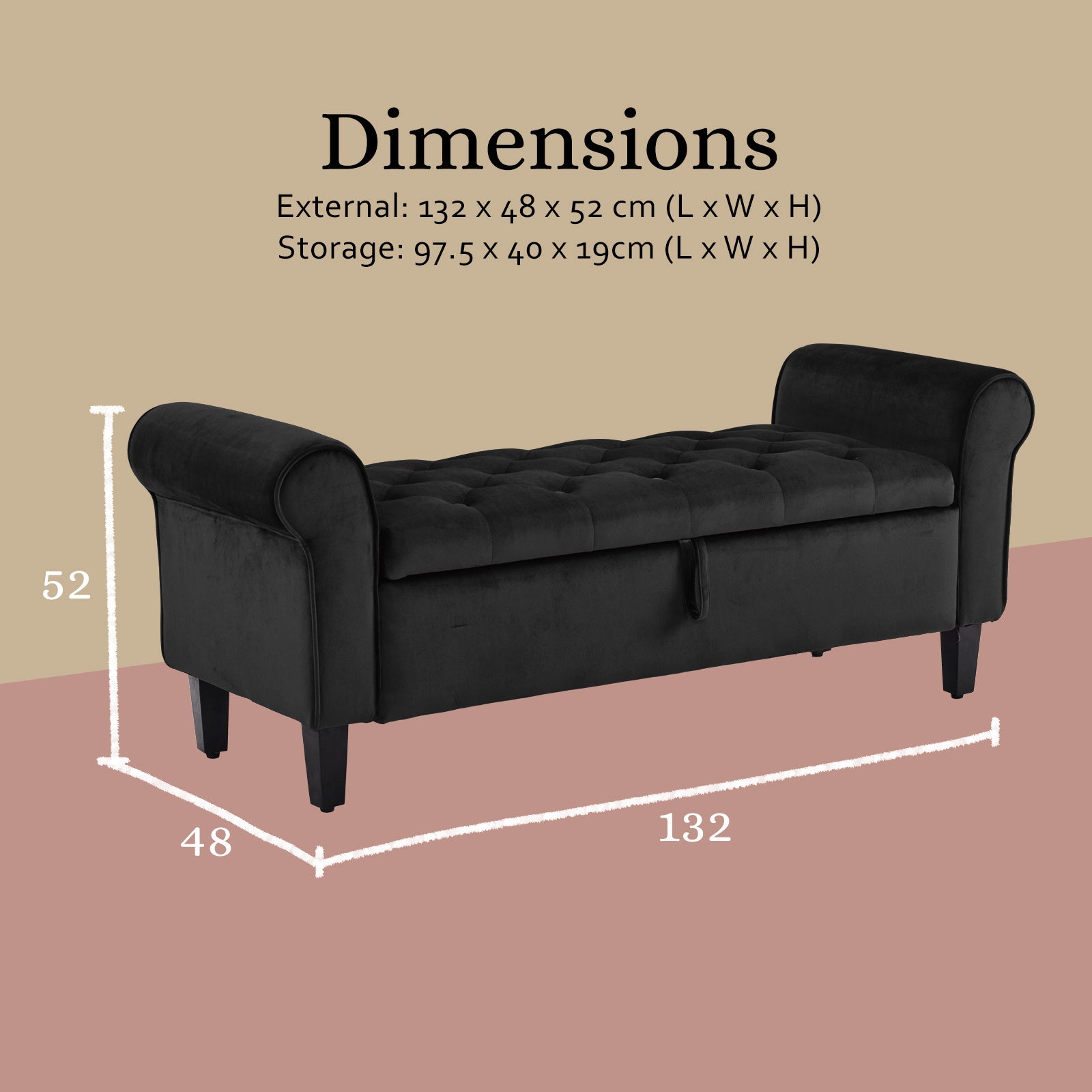 Storage Ottoman Stool Arm Bench Seat 132cm Velvet BLACK V274-FT-GQ298-BK
