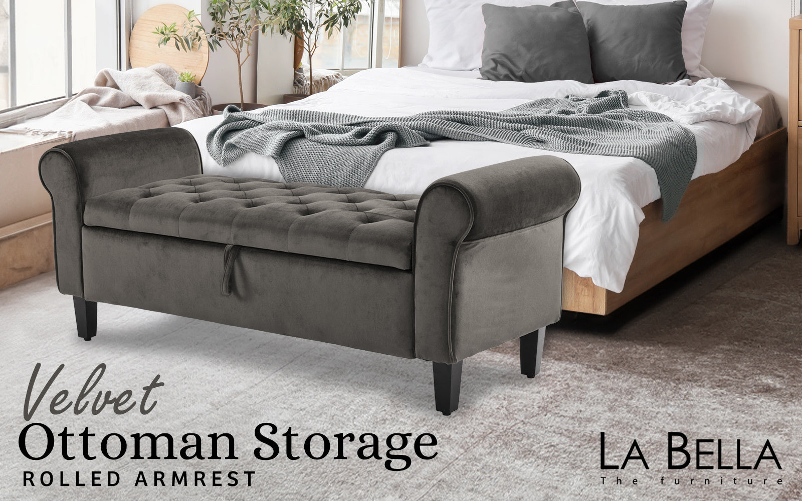 Storage Ottoman Stool Arm Bench Seat 132cm Velvet GREY V274-FT-GQ298-GY