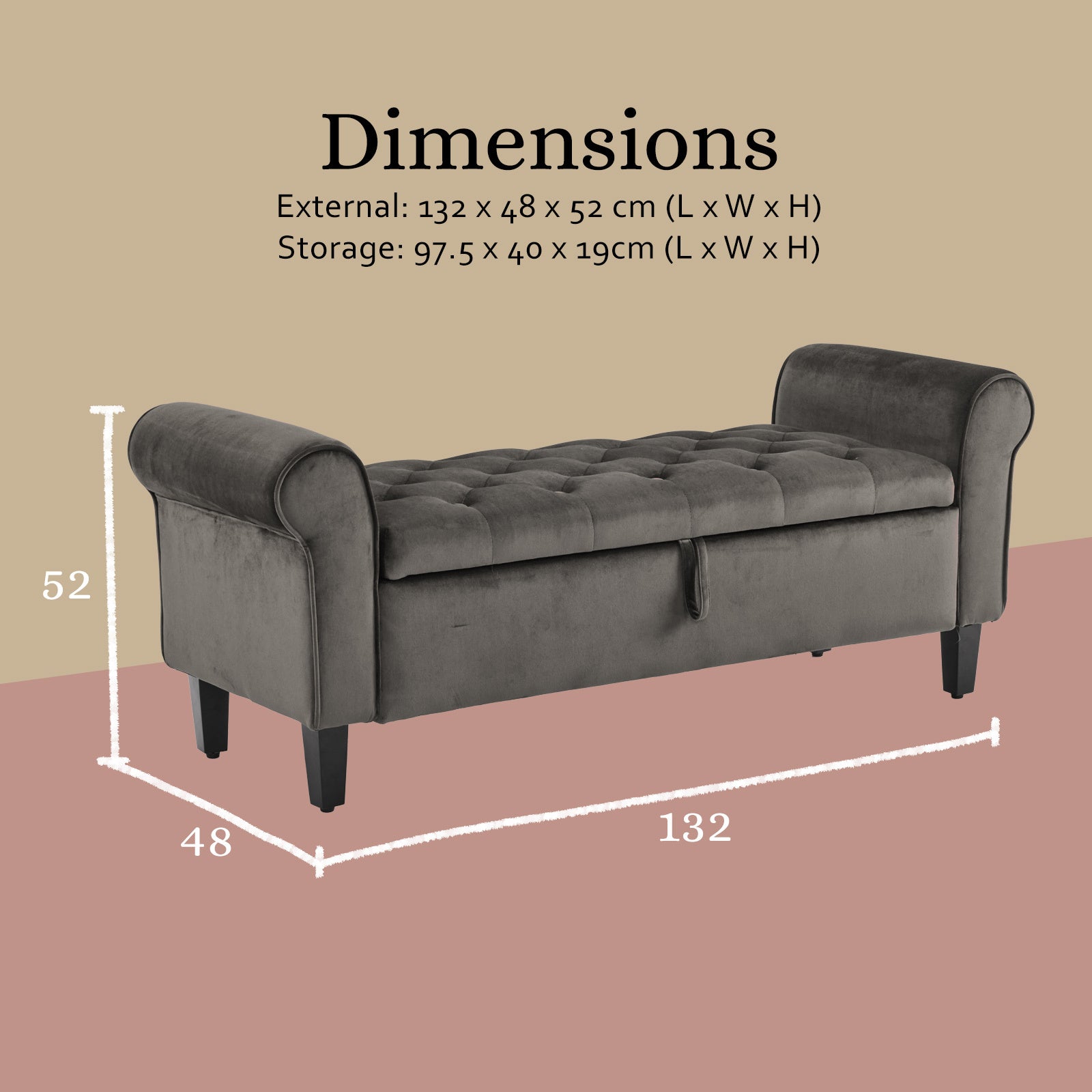 Storage Ottoman Stool Arm Bench Seat 132cm Velvet GREY V274-FT-GQ298-GY