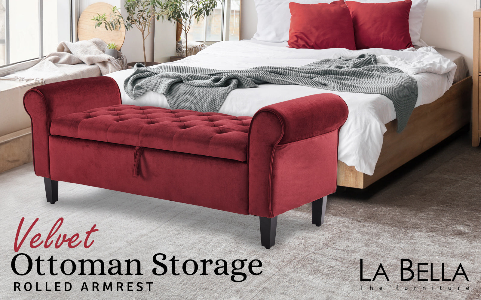 Storage Ottoman Stool Arm Bench Seat 132cm Velvet RED V274-FT-GQ298-RD