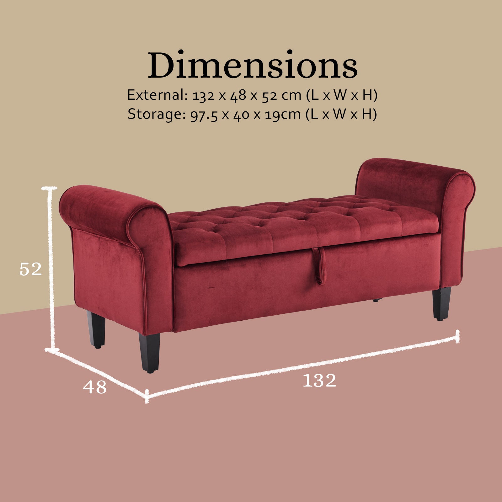 Storage Ottoman Stool Arm Bench Seat 132cm Velvet RED V274-FT-GQ298-RD