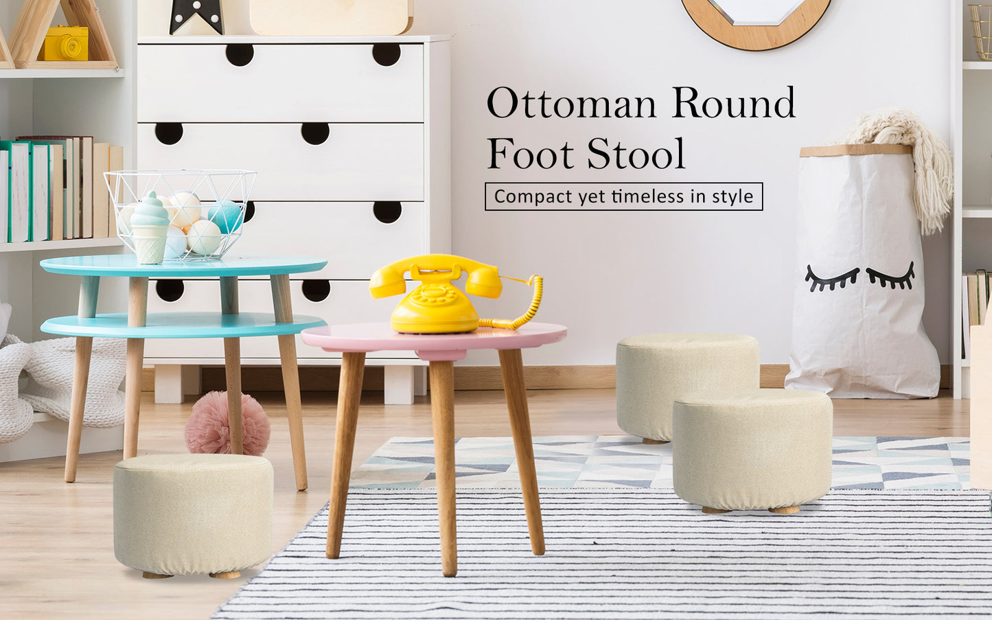 Fabric Ottoman Round Wooden Leg Foot Stool - BEIGE V274-FT-GQST01-BE