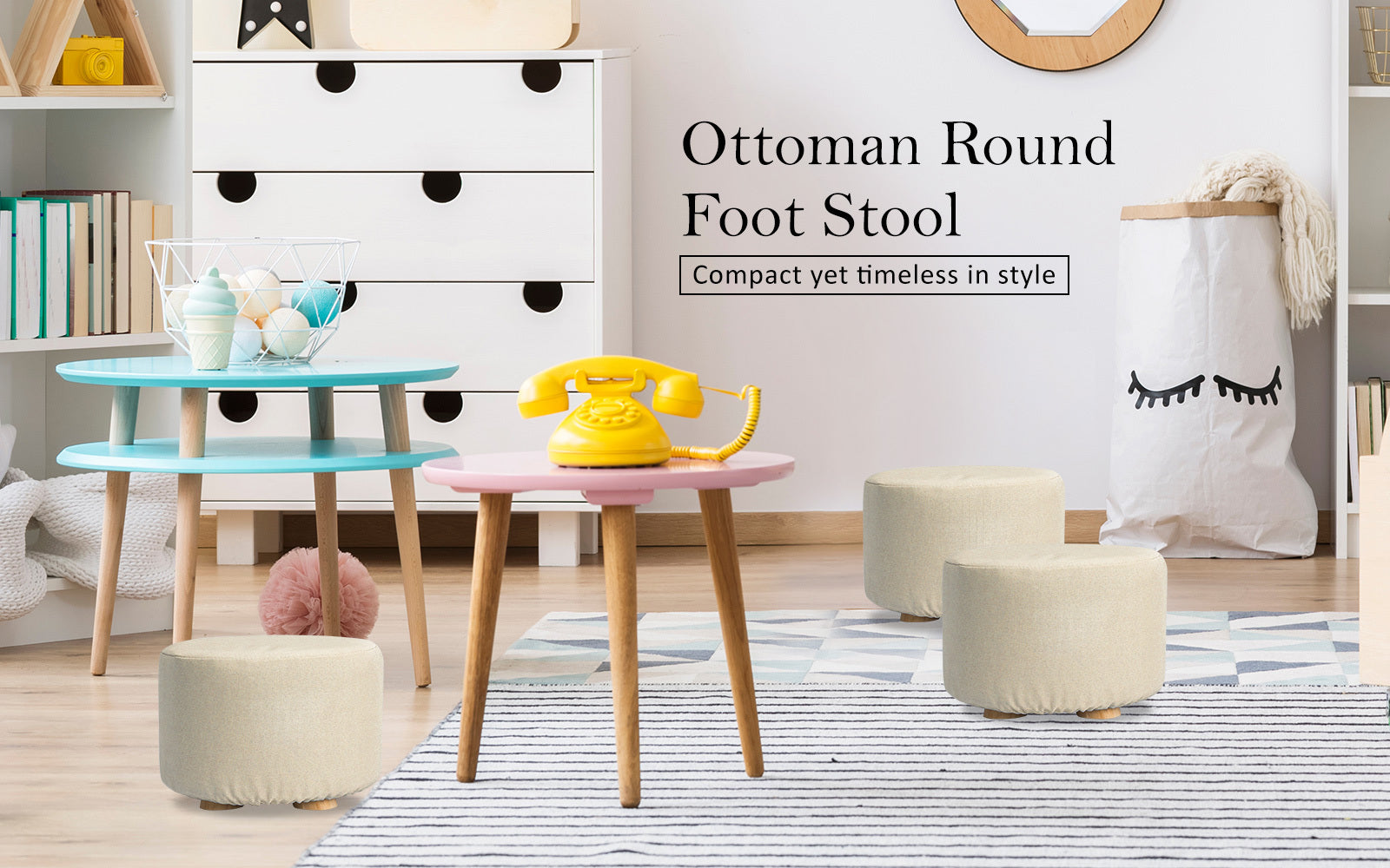 Fabric Ottoman Round Wooden Leg Foot Stool - BEIGE V274-FT-GQST01-BE