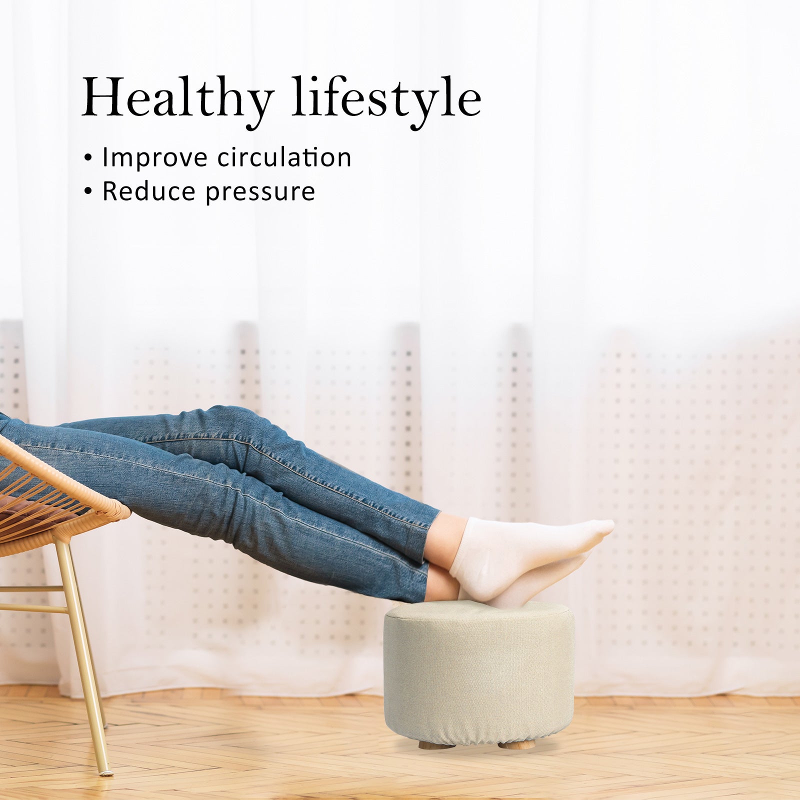 Fabric Ottoman Round Wooden Leg Foot Stool - BEIGE V274-FT-GQST01-BE