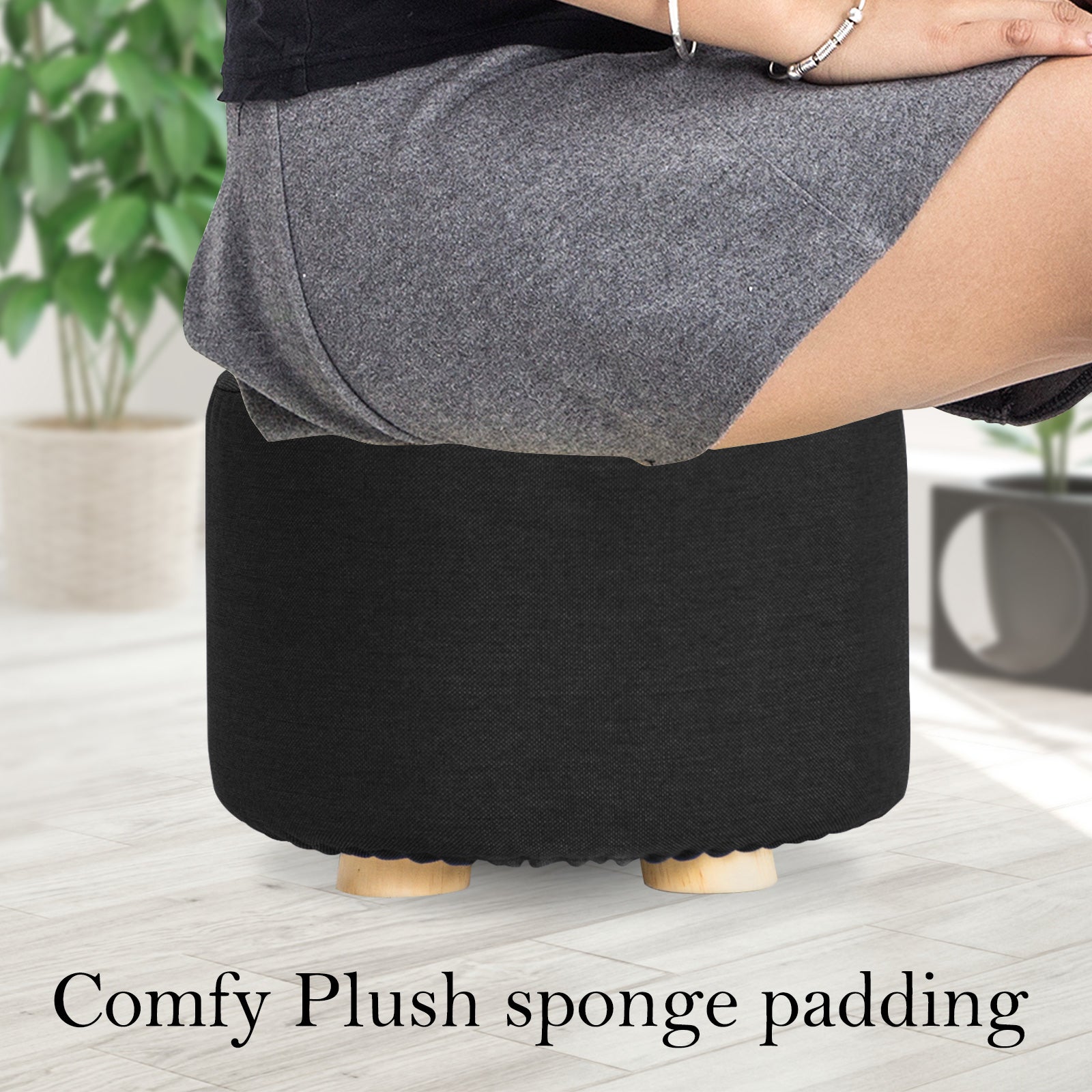 Fabric Ottoman Round Wooden Leg Foot Stool - BLACK V274-FT-GQST01-BK