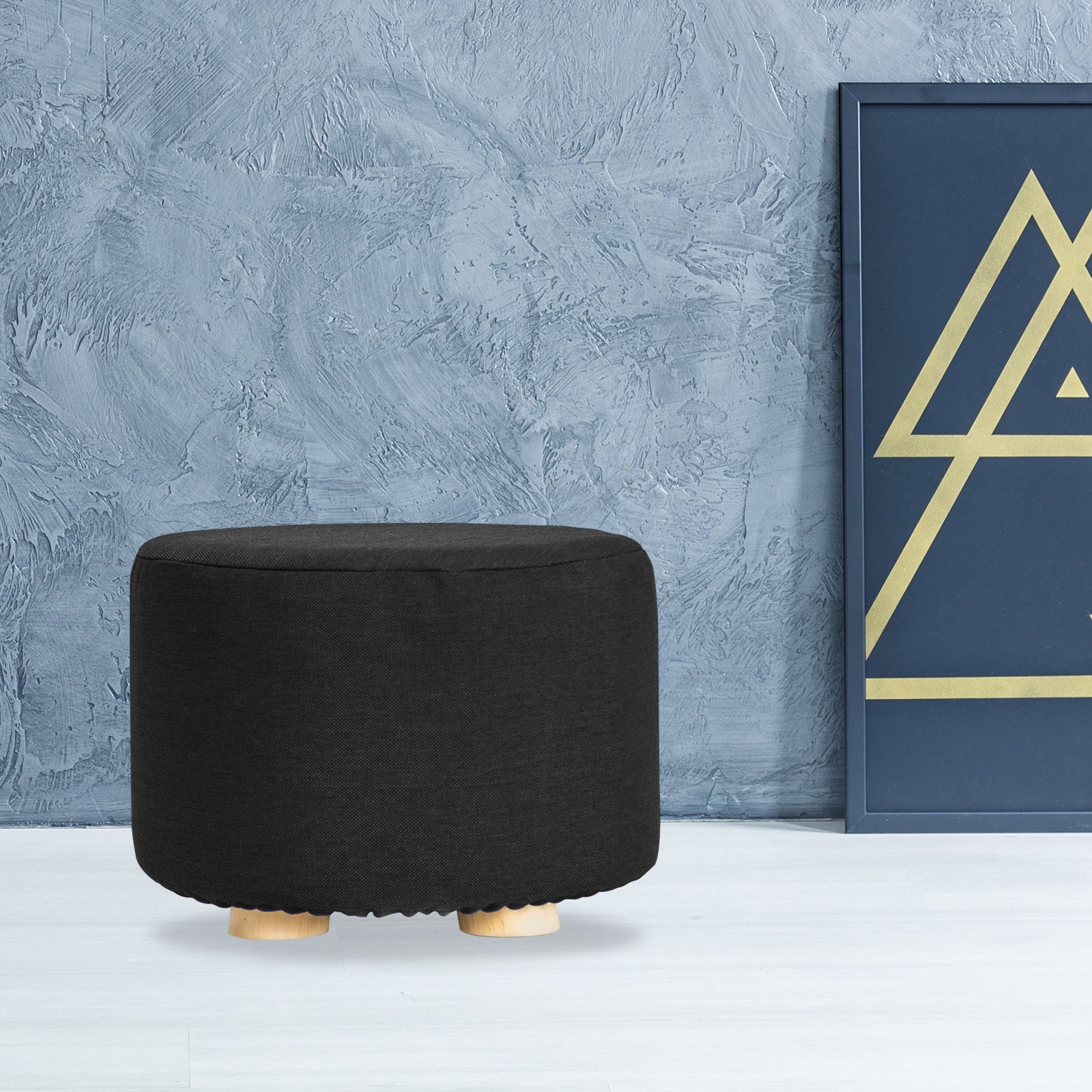 Fabric Ottoman Round Wooden Leg Foot Stool - BLACK V274-FT-GQST01-BK