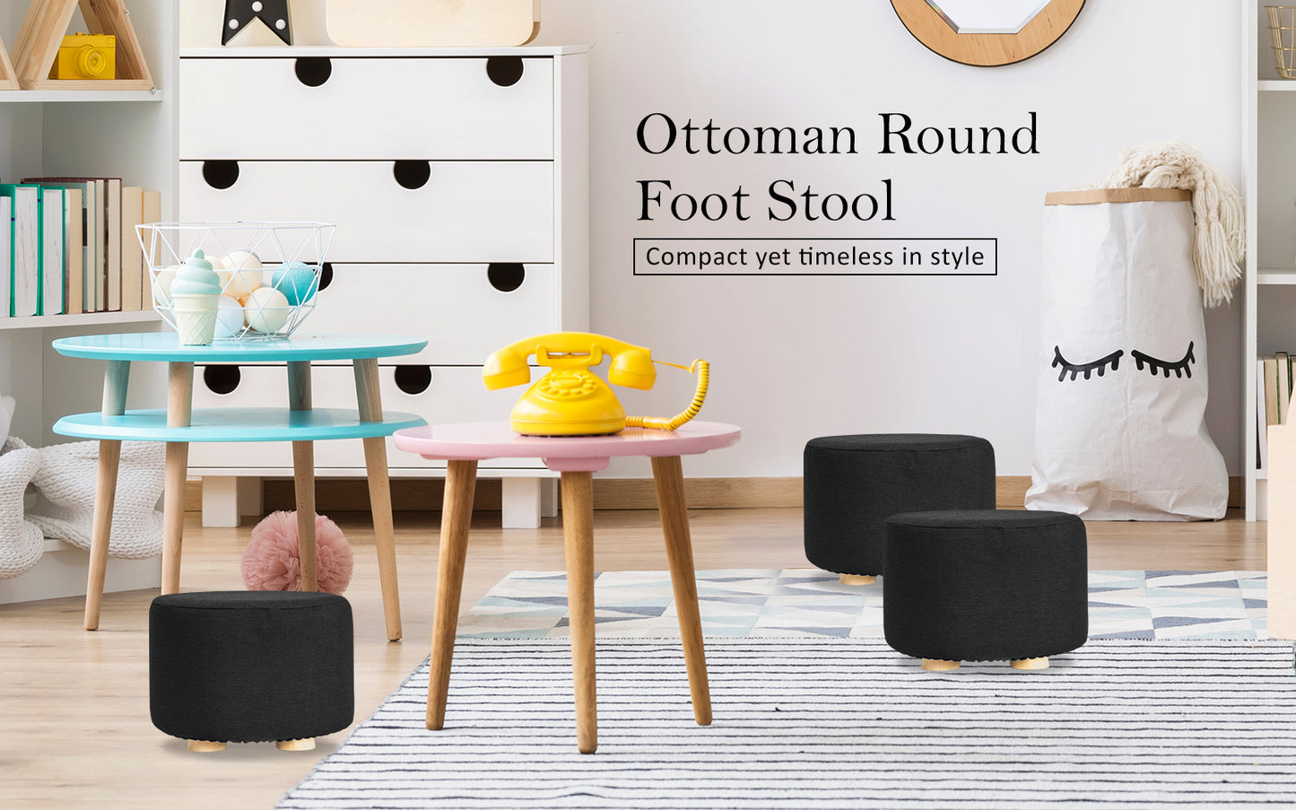 2X Fabric Ottoman Round Wooden Leg Foot Stool - BLACK V274-FT-GQST01-BK2