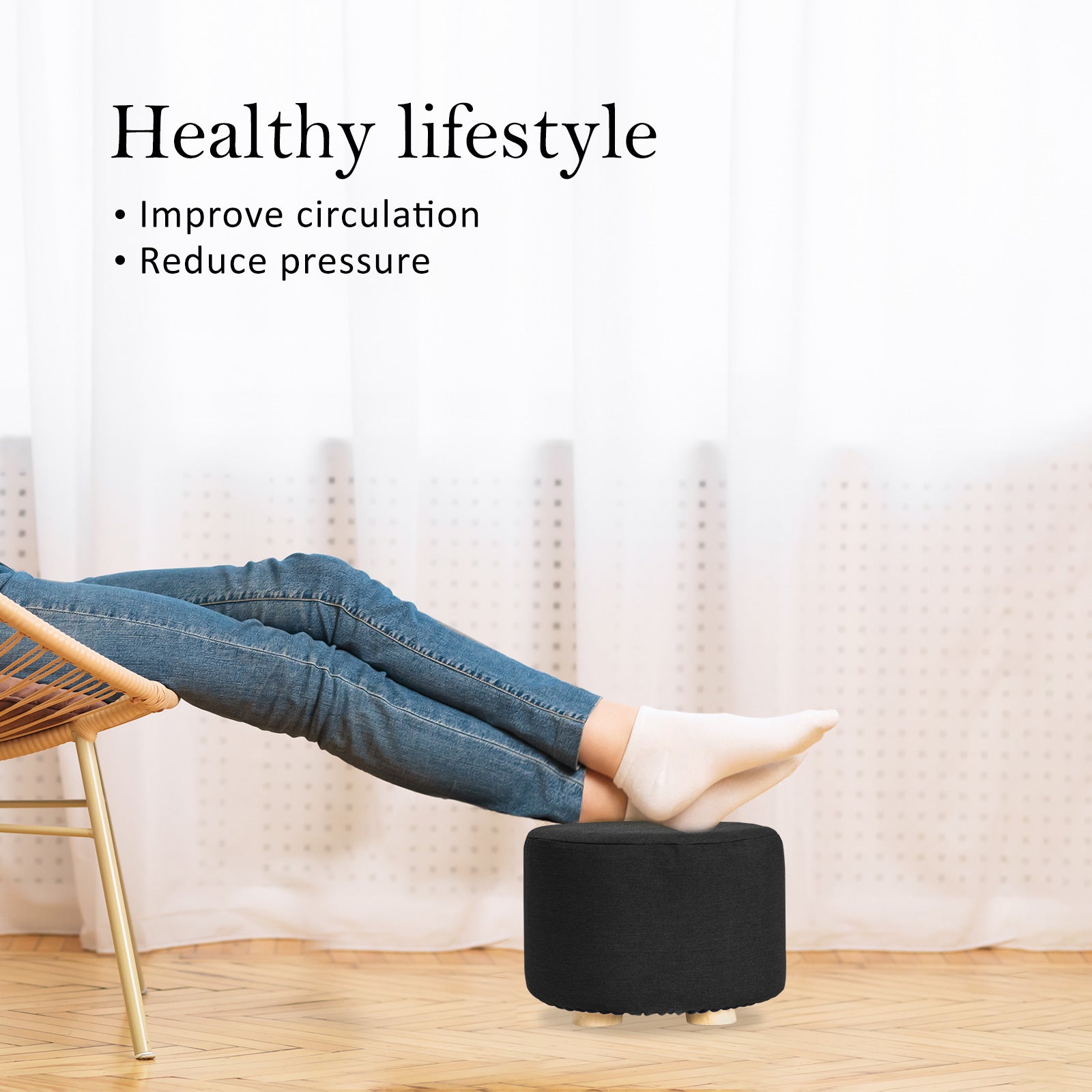 2X Fabric Ottoman Round Wooden Leg Foot Stool - BLACK V274-FT-GQST01-BK2