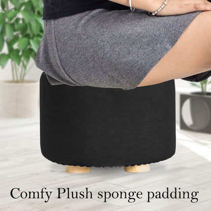 2X Fabric Ottoman Round Wooden Leg Foot Stool - BLACK V274-FT-GQST01-BK2