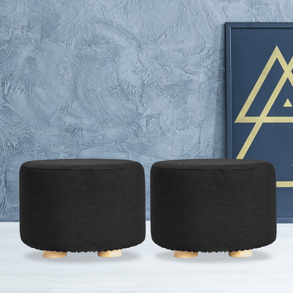 2X Fabric Ottoman Round Wooden Leg Foot Stool - BLACK V274-FT-GQST01-BK2